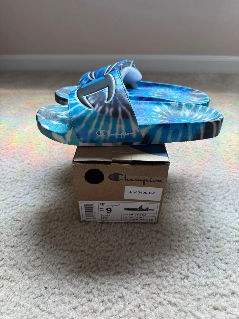 Champion Blue Tie-Dye Slide Sandals with Black Logo